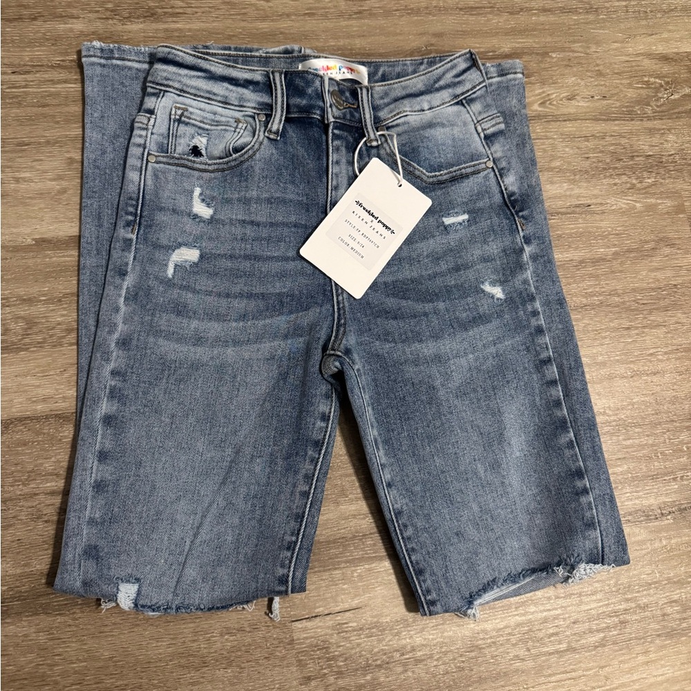 Risen High Rise Medium Wash Distressed Knee Ankle Flare Jeans